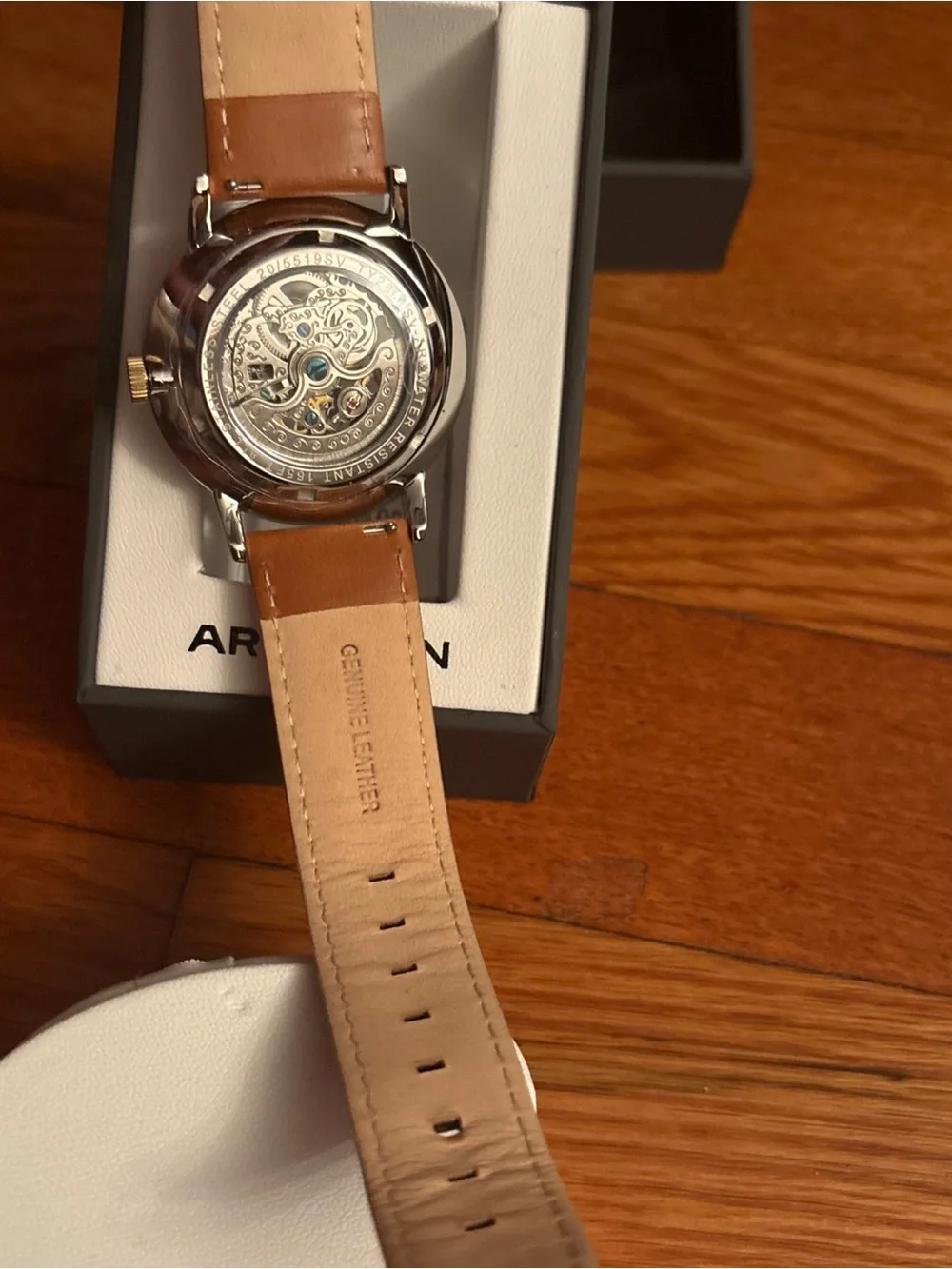 Armitron Silver Skeleton Mechanical Watch with Brown Leather Strap